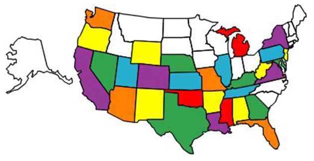 A map of the united states with many colors.