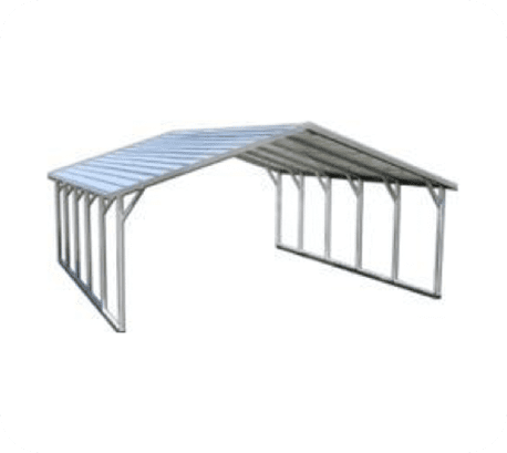 A white carport with a metal roof.