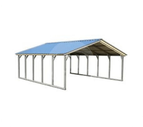 A blue and white carport with two sides.