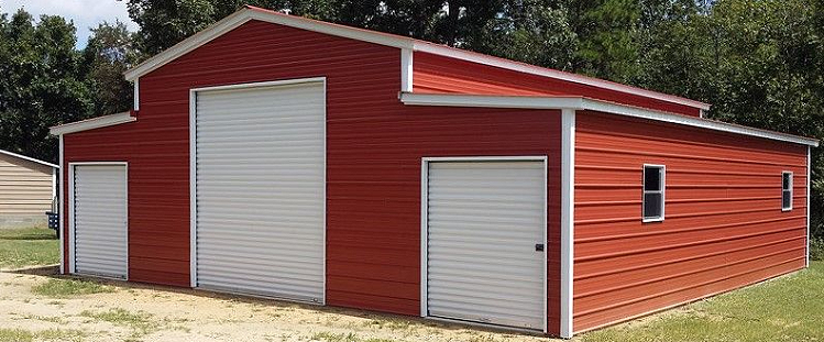 A red garage with two white doors and a metal roof.